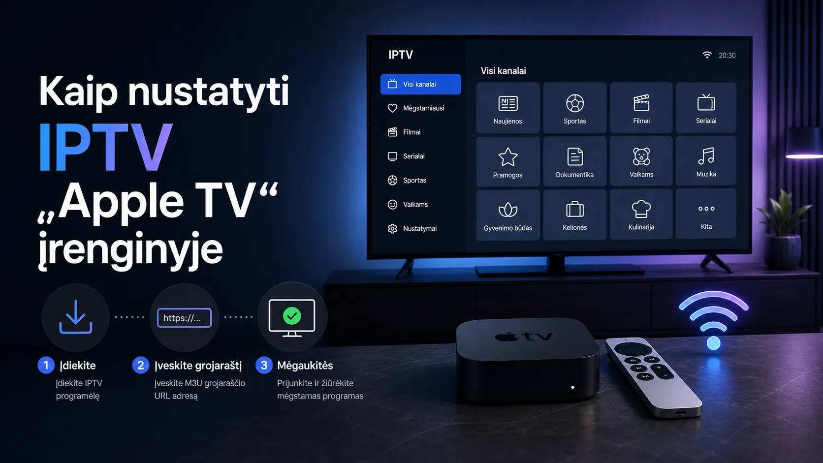 Kaip nustatyti IPTV „Apple TV“ įrenginyje